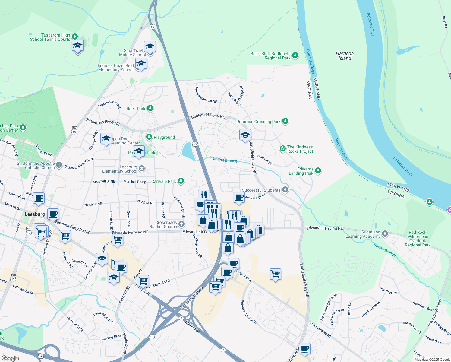 map of restaurants, bars, coffee shops, grocery stores, and more near 1136 Keokuk Terrace in Leesburg