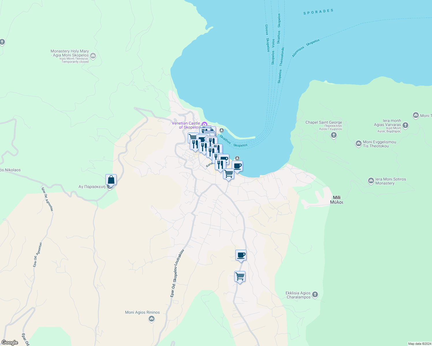 map of restaurants, bars, coffee shops, grocery stores, and more near Doulidou in Skopelos