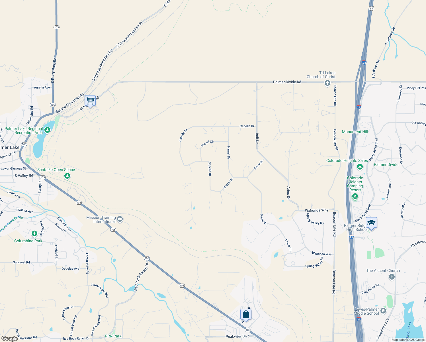 map of restaurants, bars, coffee shops, grocery stores, and more near 19815 Capella Drive in Monument