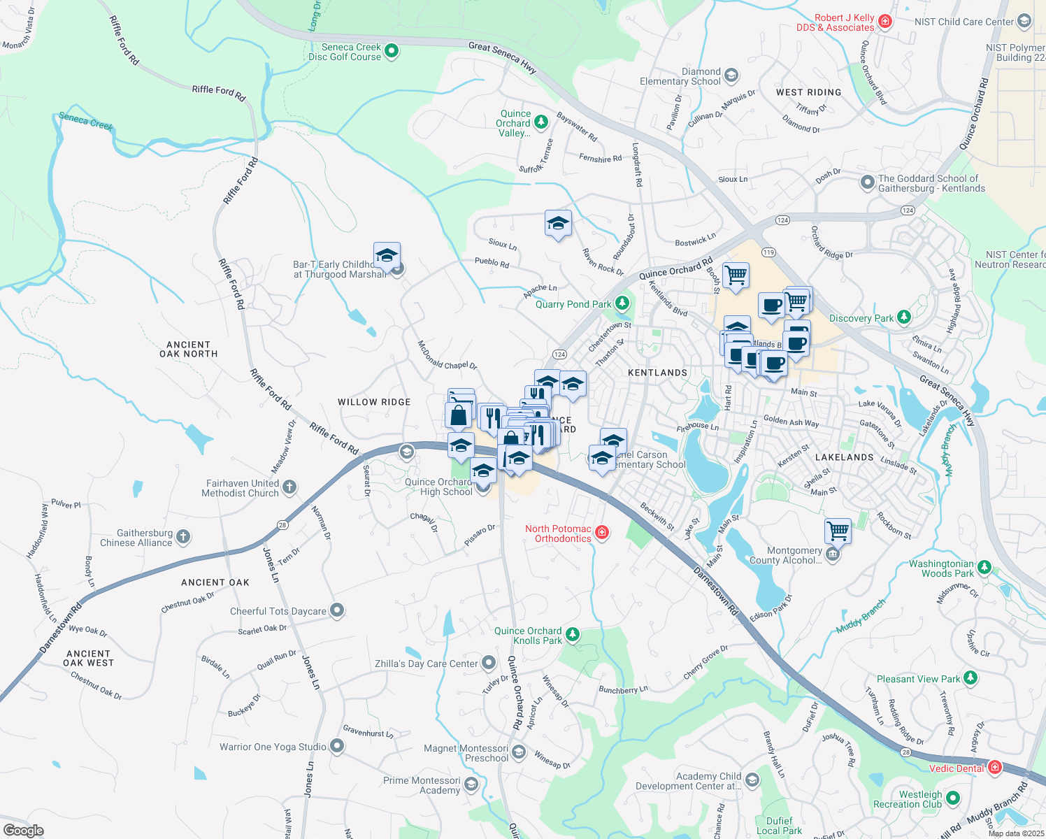 map of restaurants, bars, coffee shops, grocery stores, and more near 12101 McDonald Chapel Drive in Gaithersburg