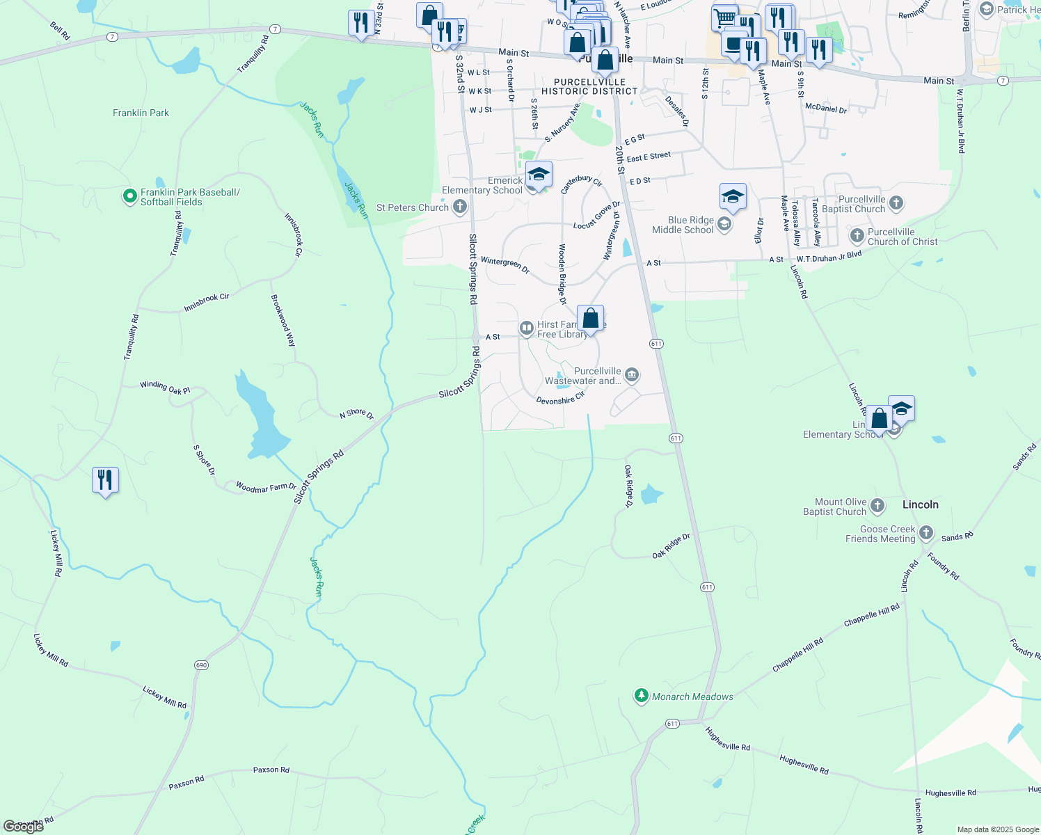 map of restaurants, bars, coffee shops, grocery stores, and more near 400 Heartwood Court in Purcellville