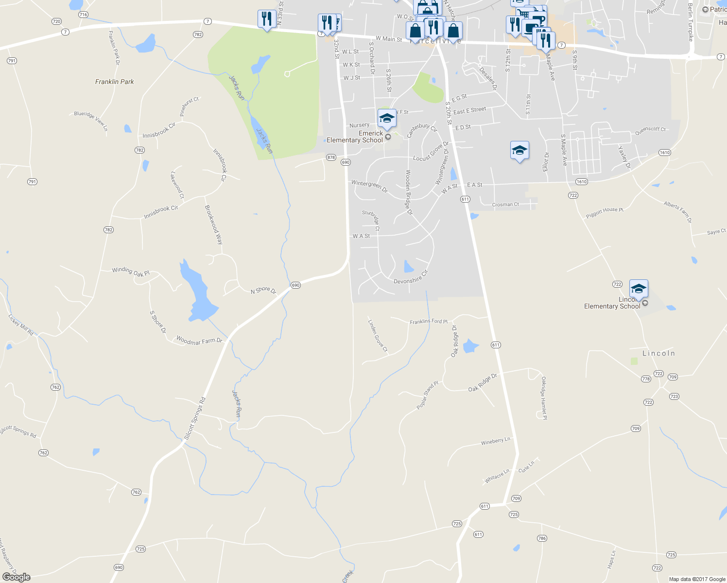 map of restaurants, bars, coffee shops, grocery stores, and more near 420 Autumn Chase Court in Purcellville