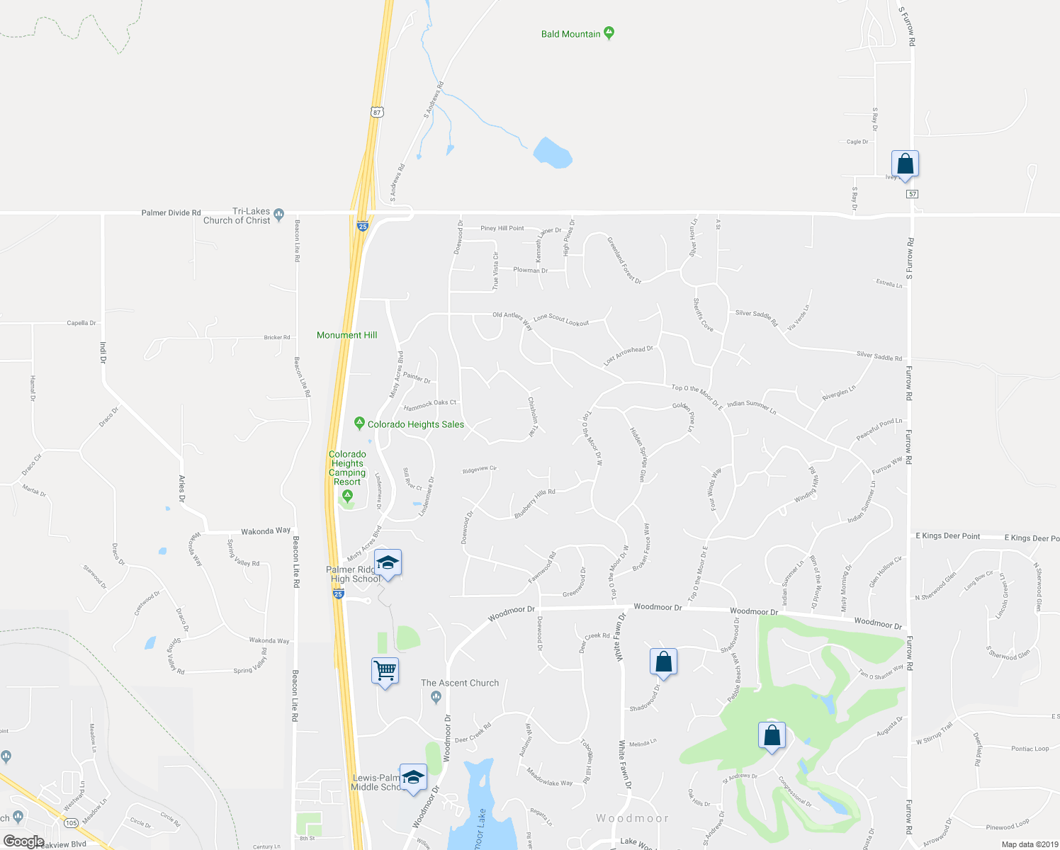 map of restaurants, bars, coffee shops, grocery stores, and more near 19928 Chisholm Trail in Monument