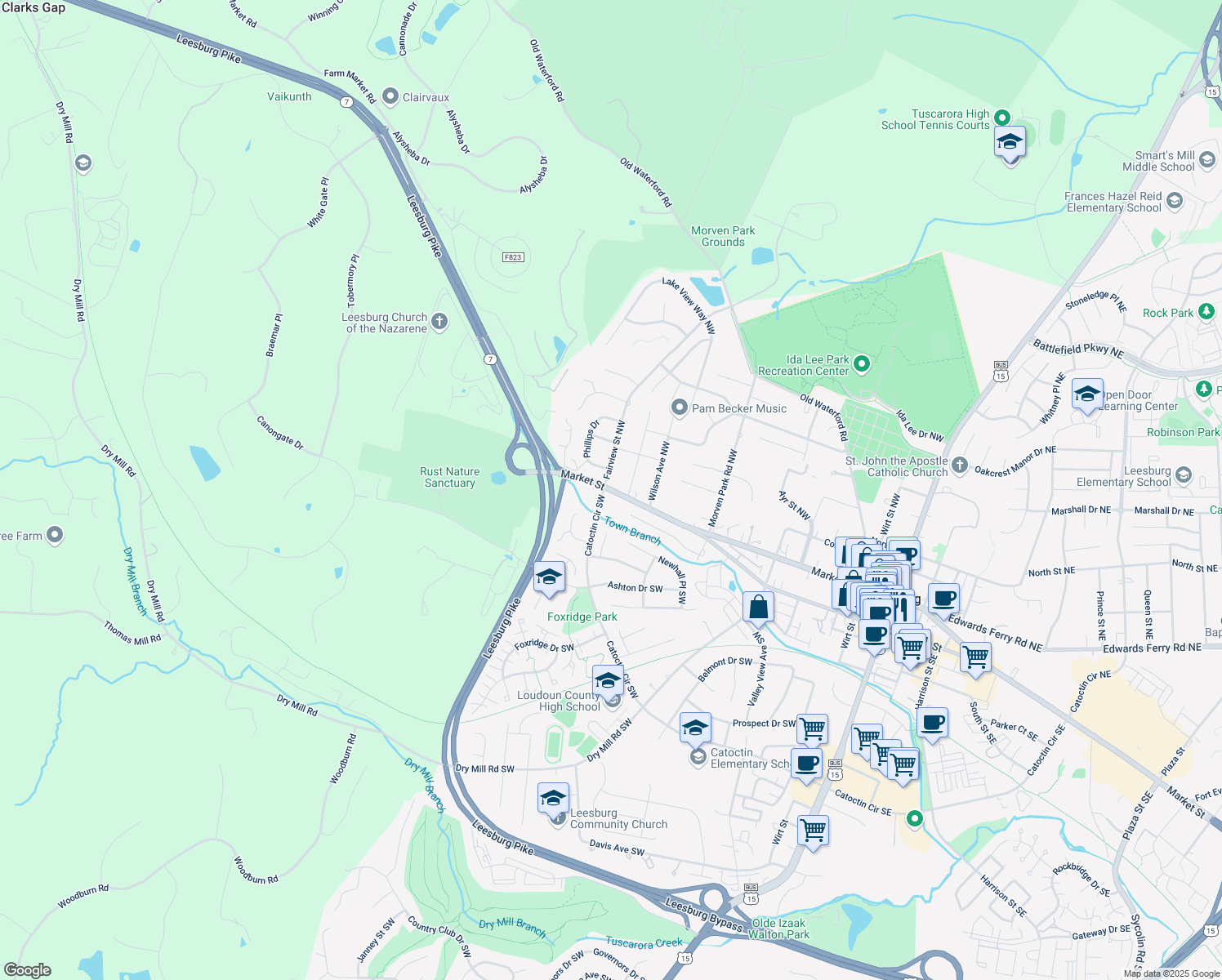 map of restaurants, bars, coffee shops, grocery stores, and more near 610 West Market Street in Leesburg