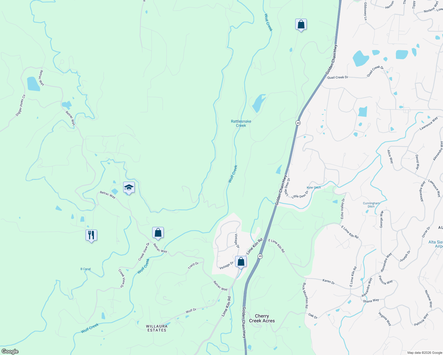 map of restaurants, bars, coffee shops, grocery stores, and more near 17378 Scopar Road in Grass Valley