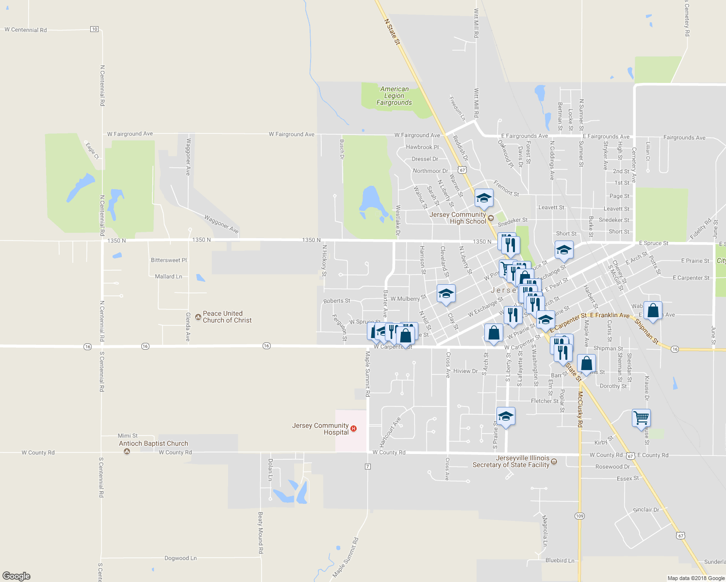 map of restaurants, bars, coffee shops, grocery stores, and more near 1018 West Hickory Street in Jerseyville