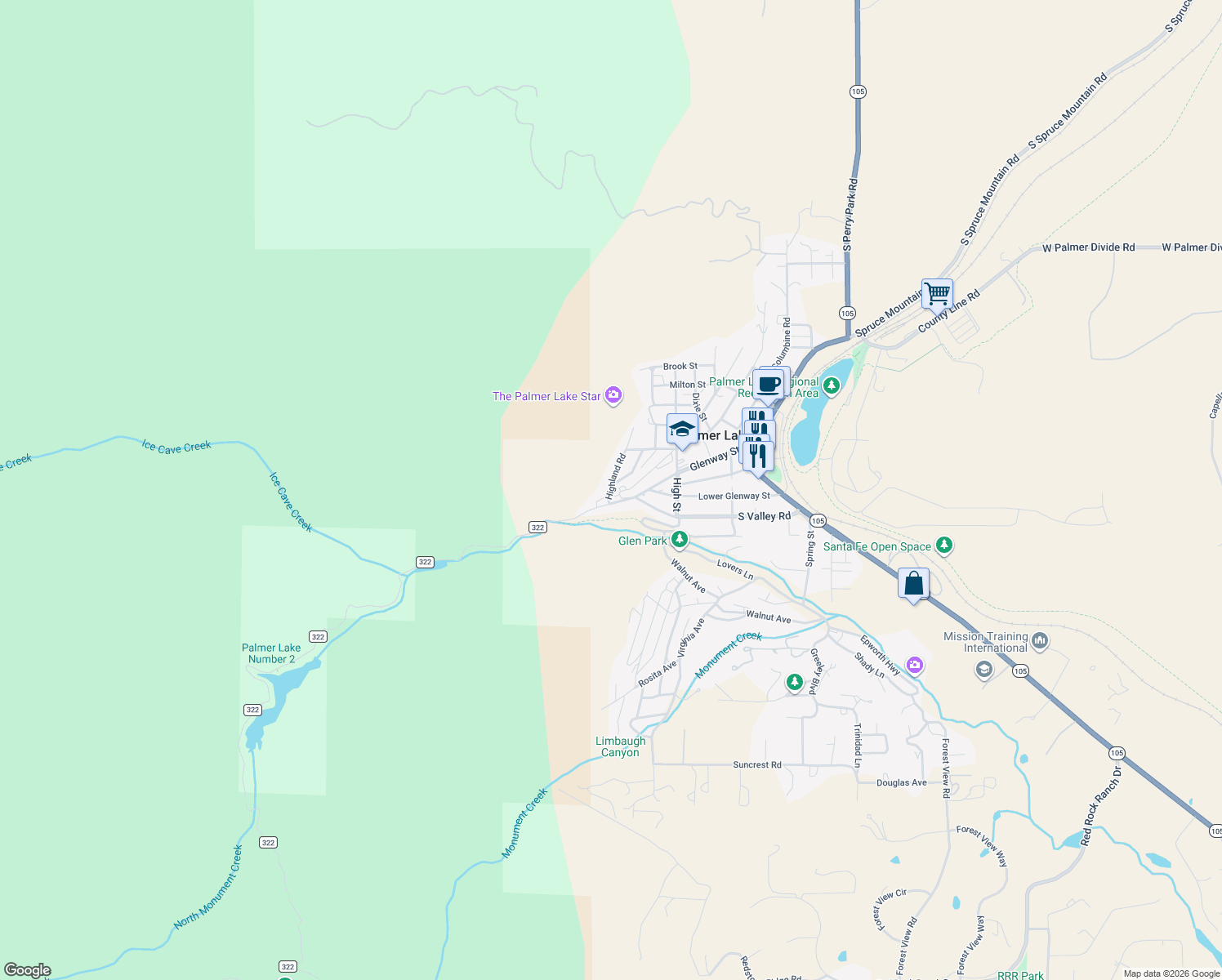 map of restaurants, bars, coffee shops, grocery stores, and more near 34 Highland Road in Palmer Lake