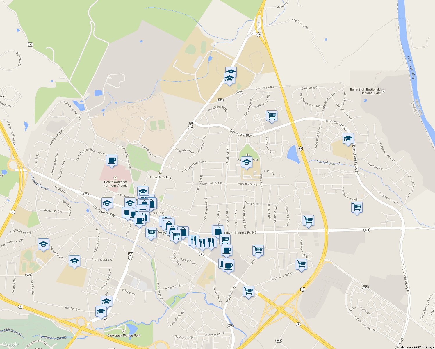 map of restaurants, bars, coffee shops, grocery stores, and more near 216 Chatfield Court Northeast in Leesburg