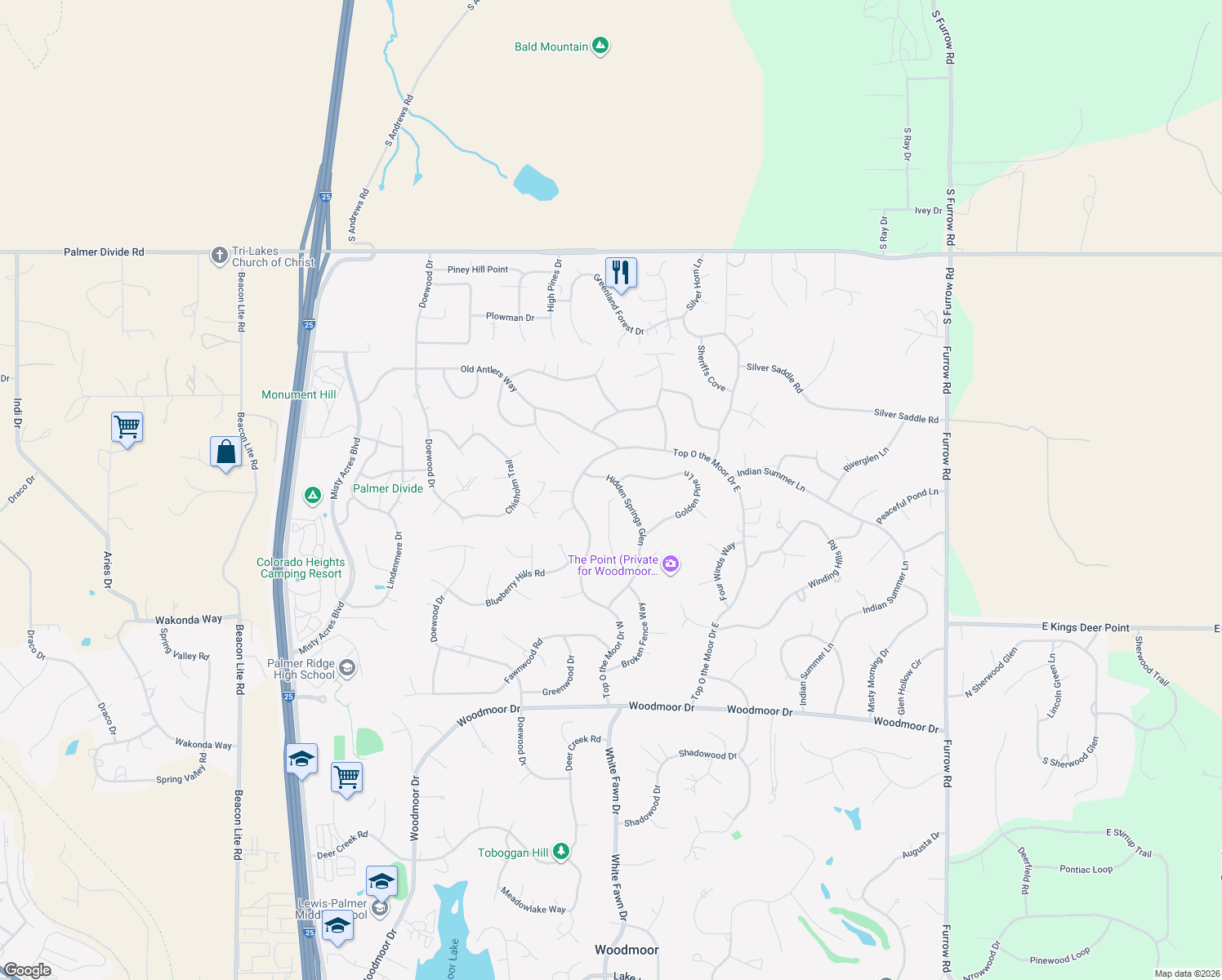 map of restaurants, bars, coffee shops, grocery stores, and more near 19870 Hidden Springs Glen in Monument