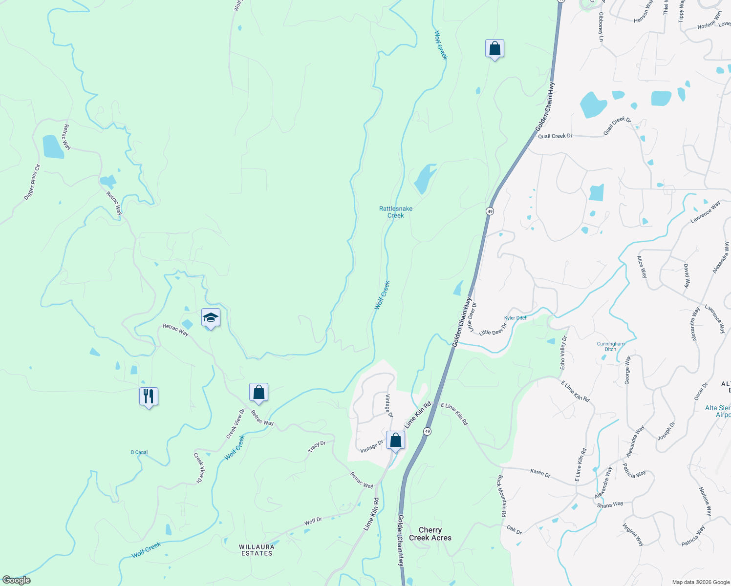map of restaurants, bars, coffee shops, grocery stores, and more near 17378 Scopar Road in Grass Valley