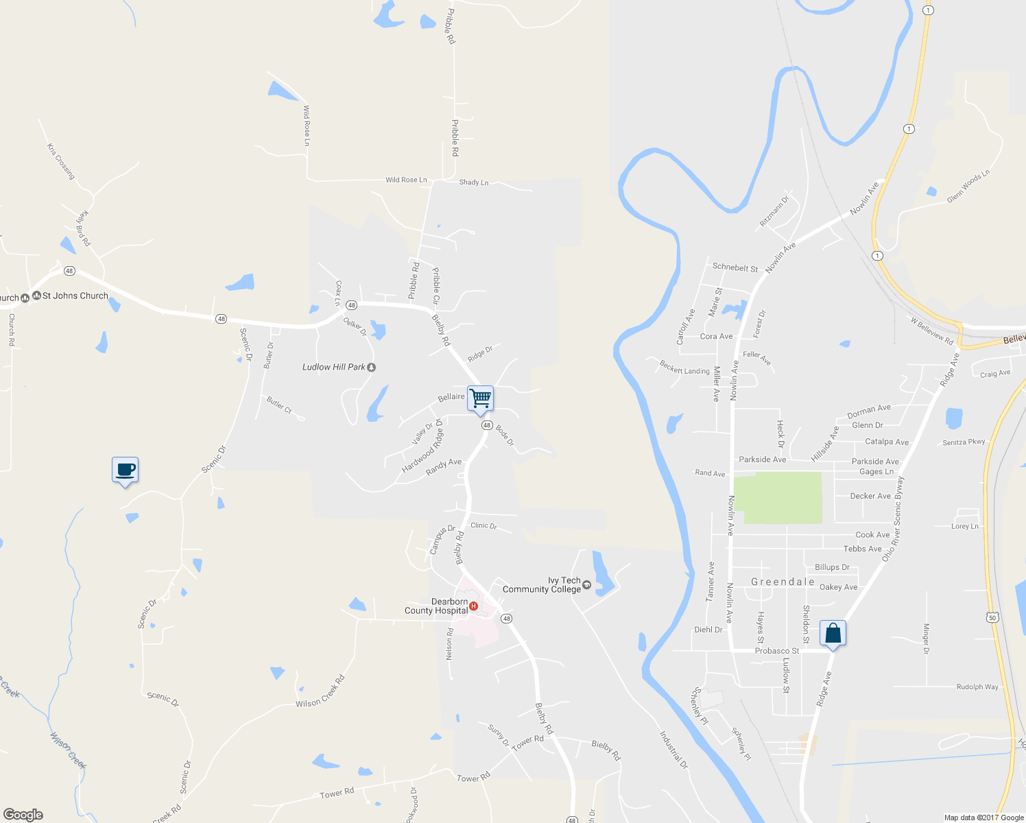 map of restaurants, bars, coffee shops, grocery stores, and more near 951 Primrose Drive in Lawrenceburg