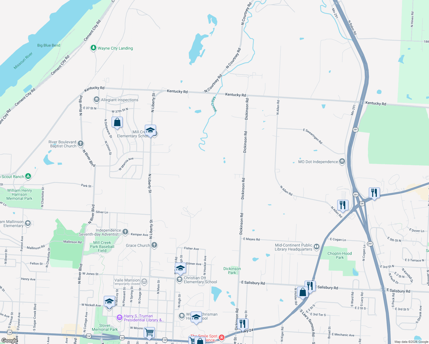 map of restaurants, bars, coffee shops, grocery stores, and more near 822 Dickinson Road in Independence
