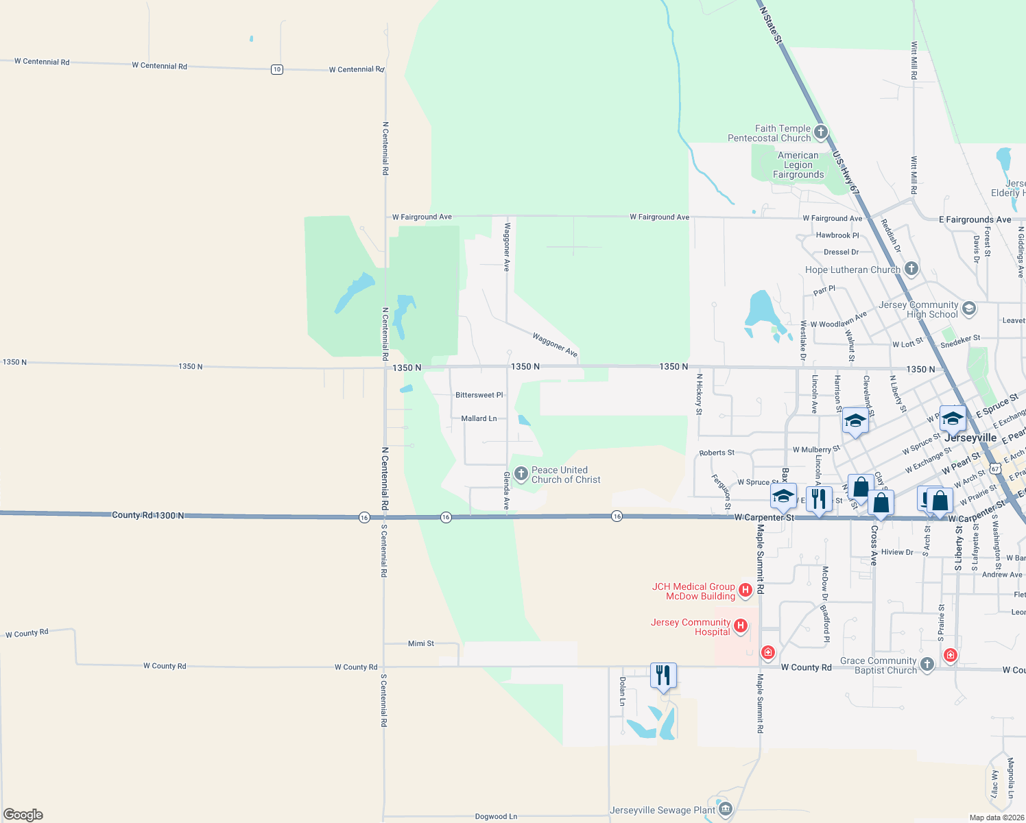 map of restaurants, bars, coffee shops, grocery stores, and more near 23354 Glenda Avenue in Jerseyville