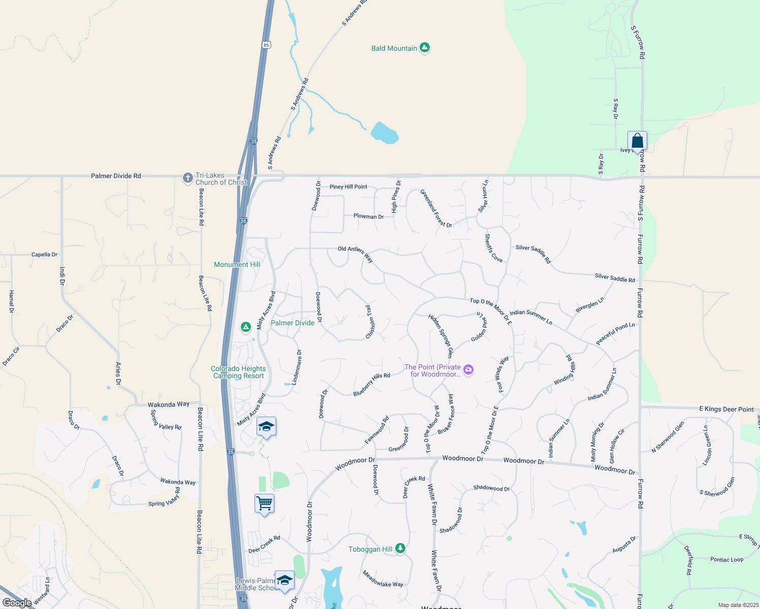 map of restaurants, bars, coffee shops, grocery stores, and more near 19935 Chisholm Trail in Monument