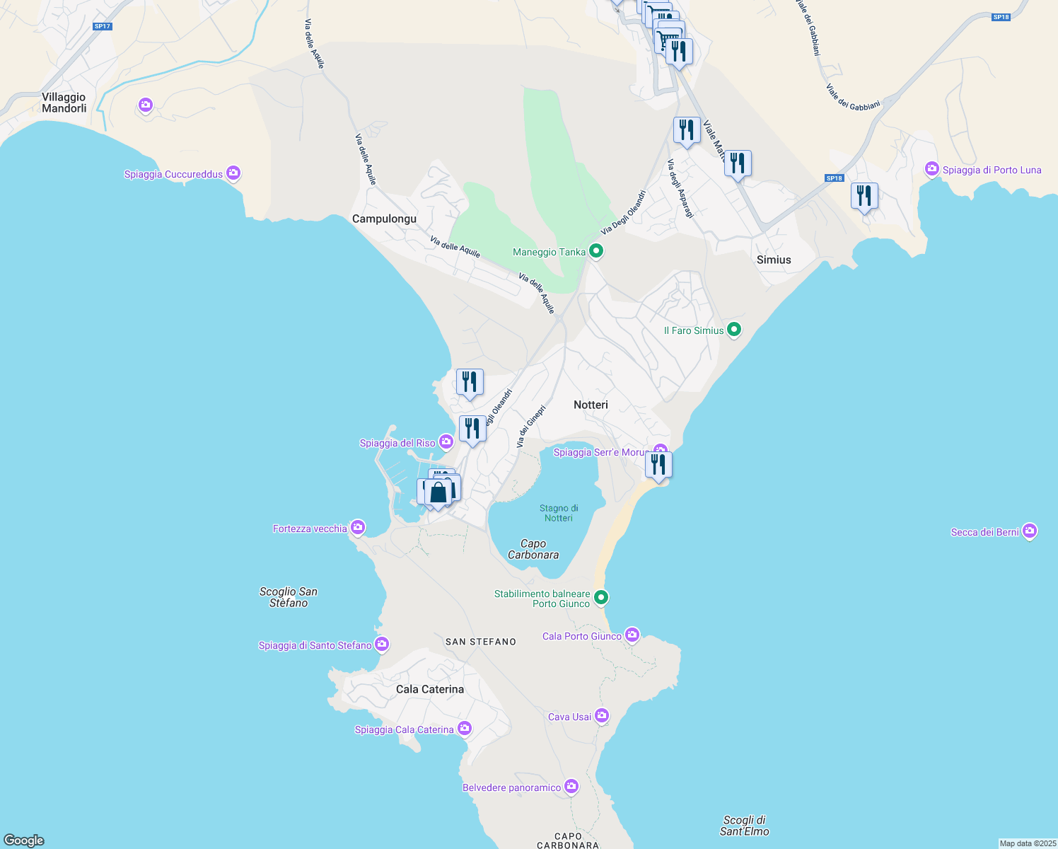 map of restaurants, bars, coffee shops, grocery stores, and more near Via dei Ginepri in Notteri