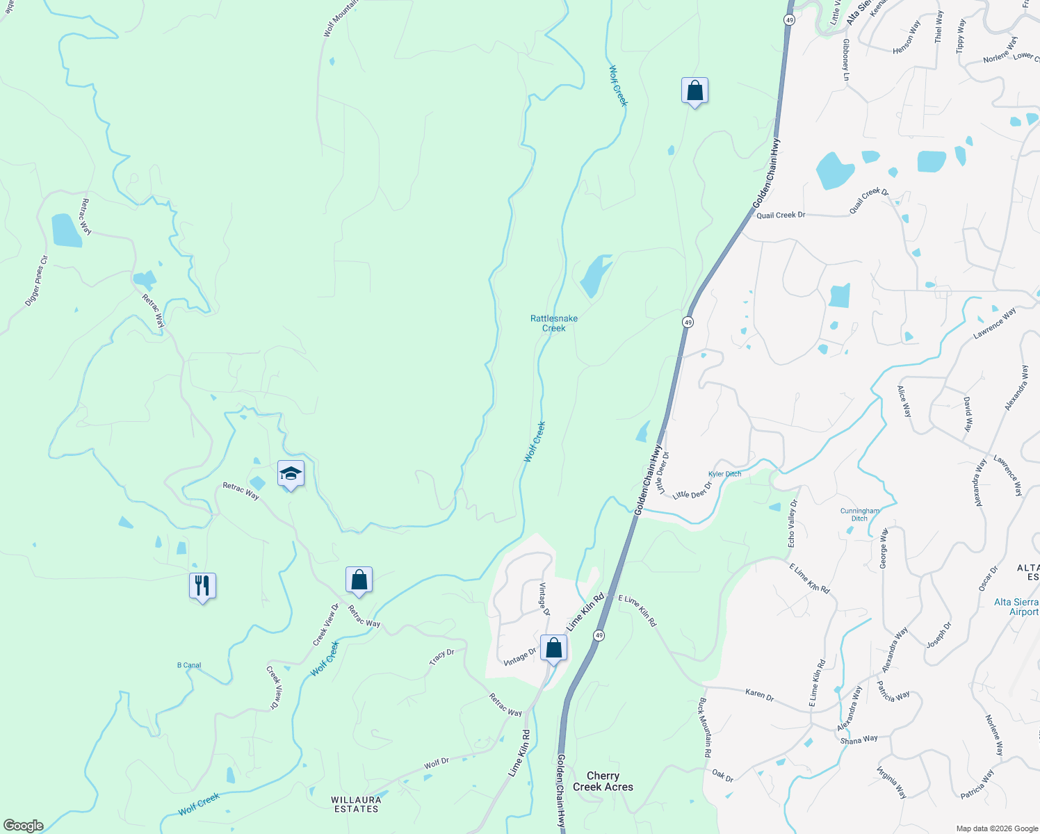 map of restaurants, bars, coffee shops, grocery stores, and more near 17240 Scopar Road in Grass Valley