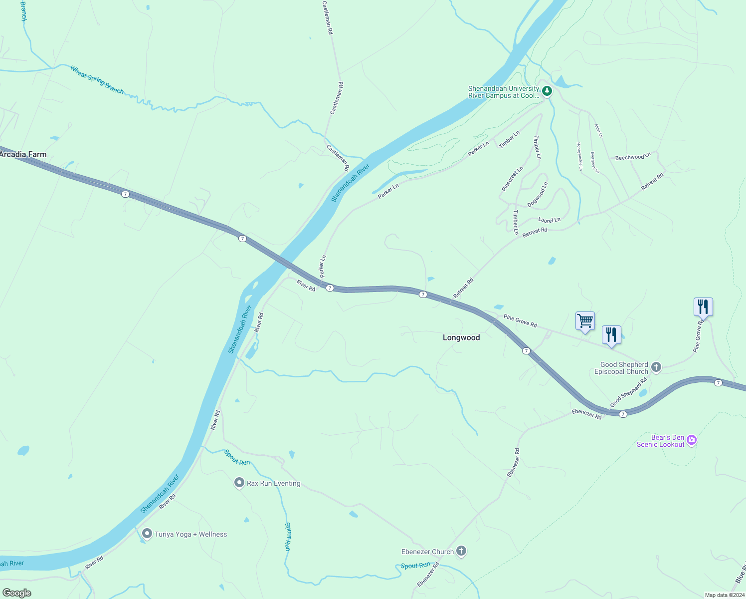 map of restaurants, bars, coffee shops, grocery stores, and more near 138 Ross Lane in Bluemont