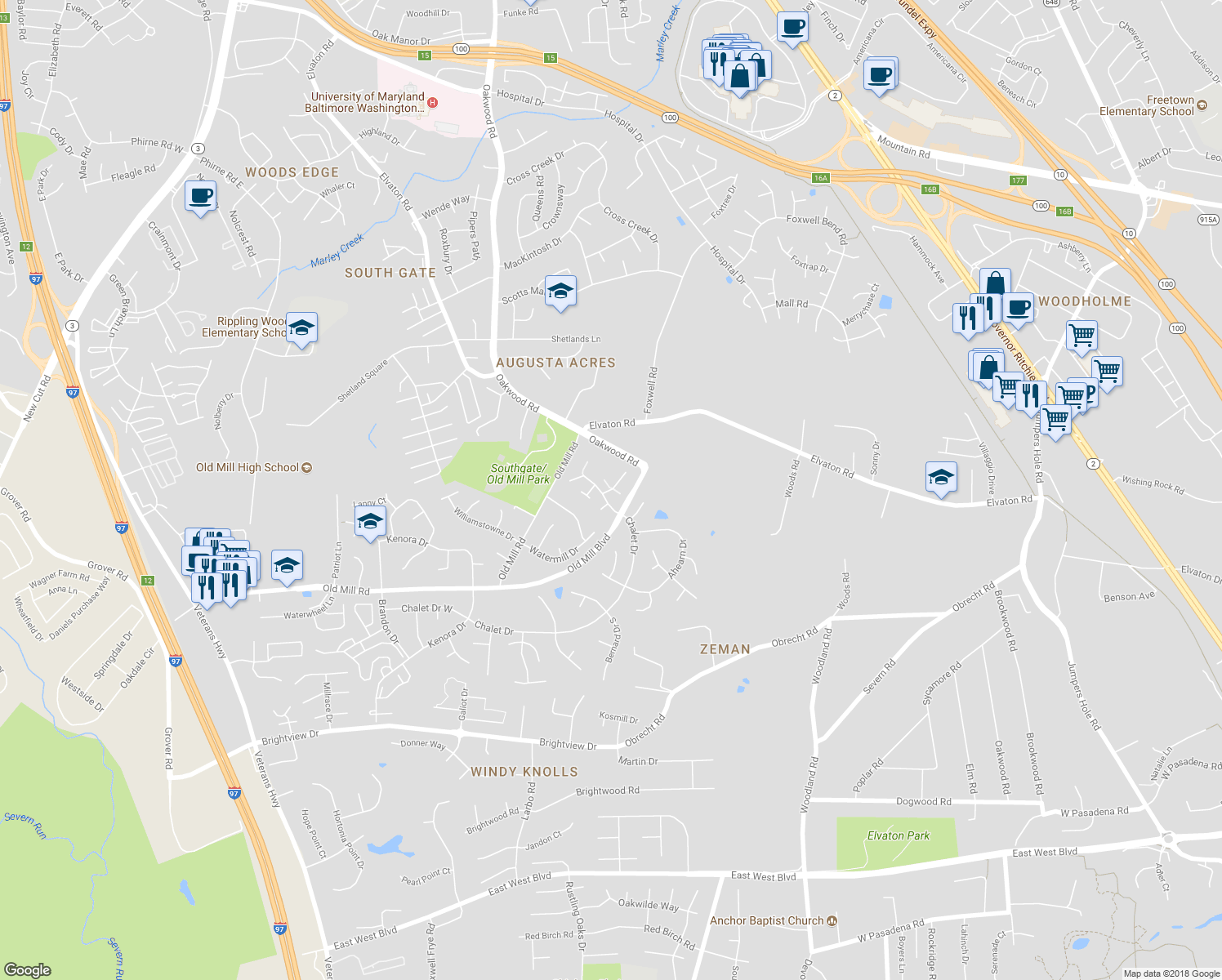 map of restaurants, bars, coffee shops, grocery stores, and more near 268 Glenda Court in Millersville
