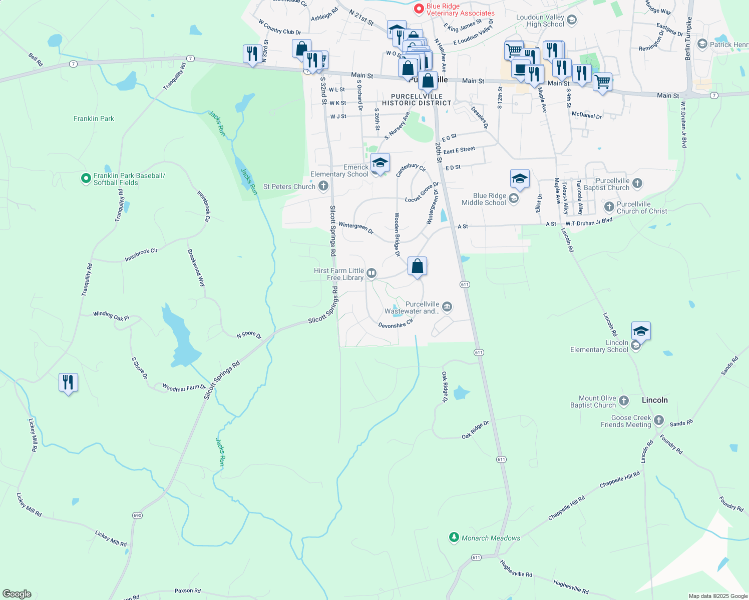 map of restaurants, bars, coffee shops, grocery stores, and more near 821 Candleridge Court in Purcellville