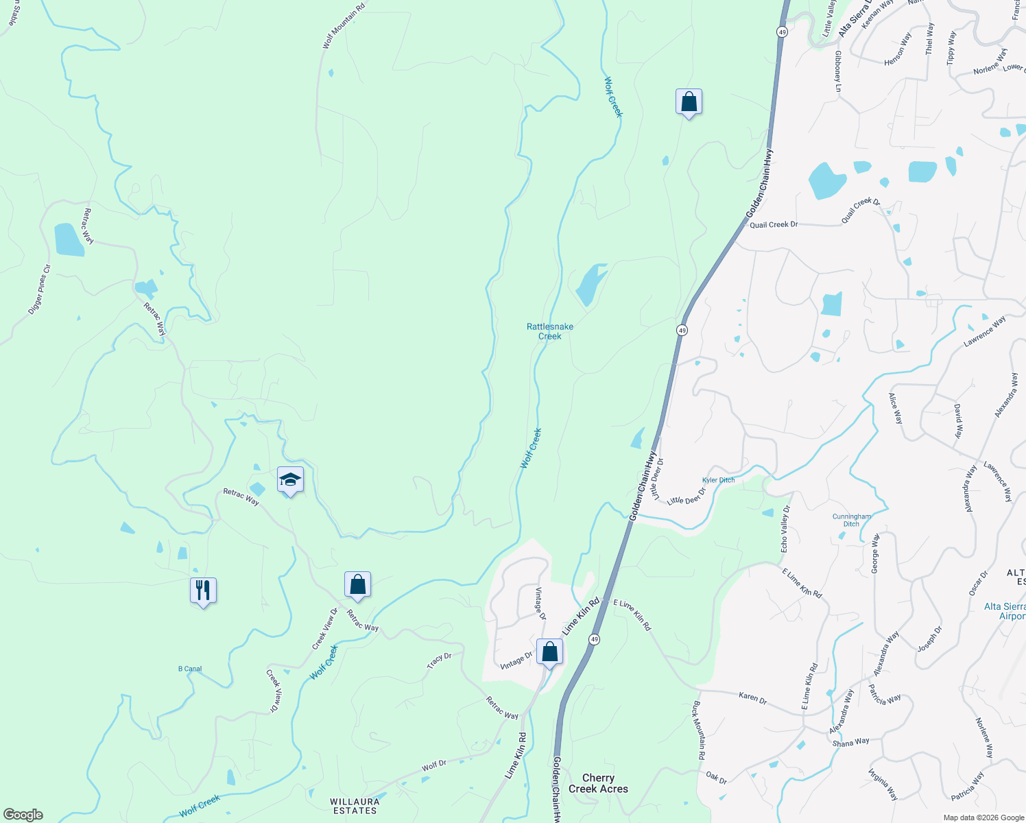 map of restaurants, bars, coffee shops, grocery stores, and more near 17240 Scopar Road in Grass Valley