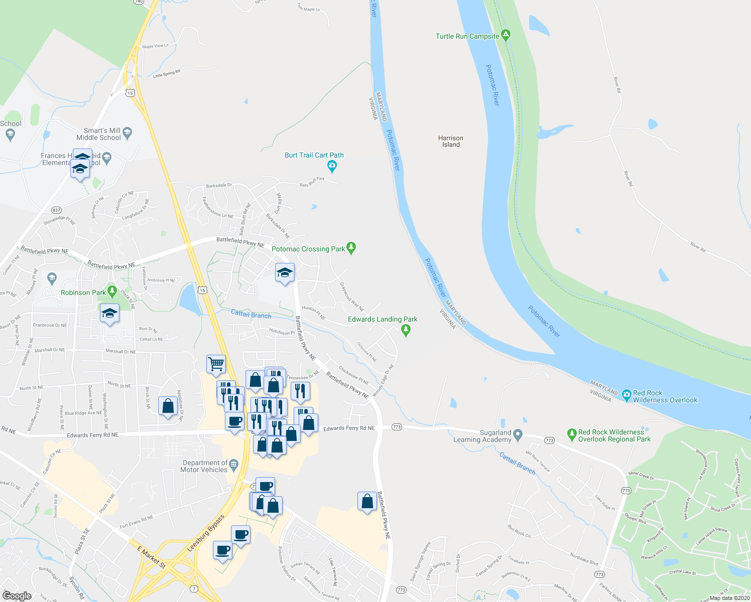 map of restaurants, bars, coffee shops, grocery stores, and more near 607 Hunton Place Northeast in Leesburg