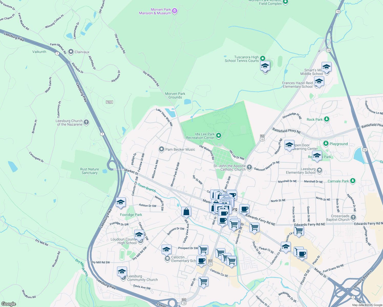 map of restaurants, bars, coffee shops, grocery stores, and more near 312 Ayrlee Avenue Northwest in Leesburg