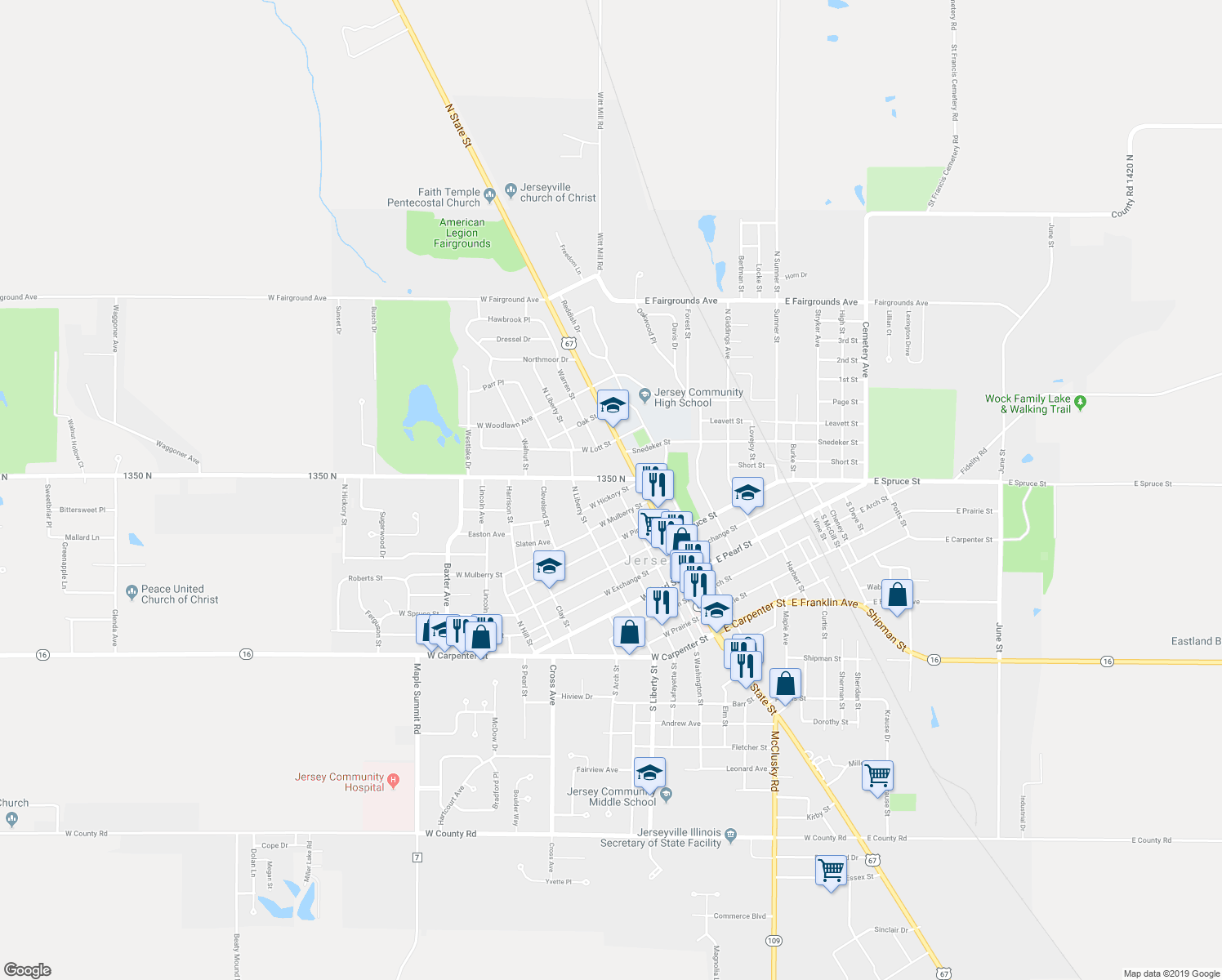 map of restaurants, bars, coffee shops, grocery stores, and more near 203 West Hickory Street in Jerseyville