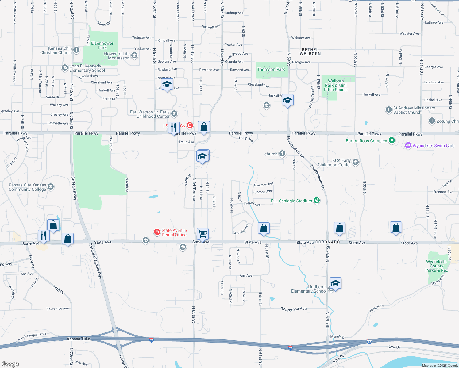 map of restaurants, bars, coffee shops, grocery stores, and more near 1530 N 62nd Pl in Kansas City