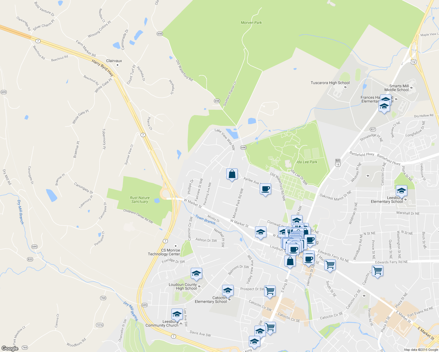 map of restaurants, bars, coffee shops, grocery stores, and more near 107 Exmoor Ct NW in Leesburg