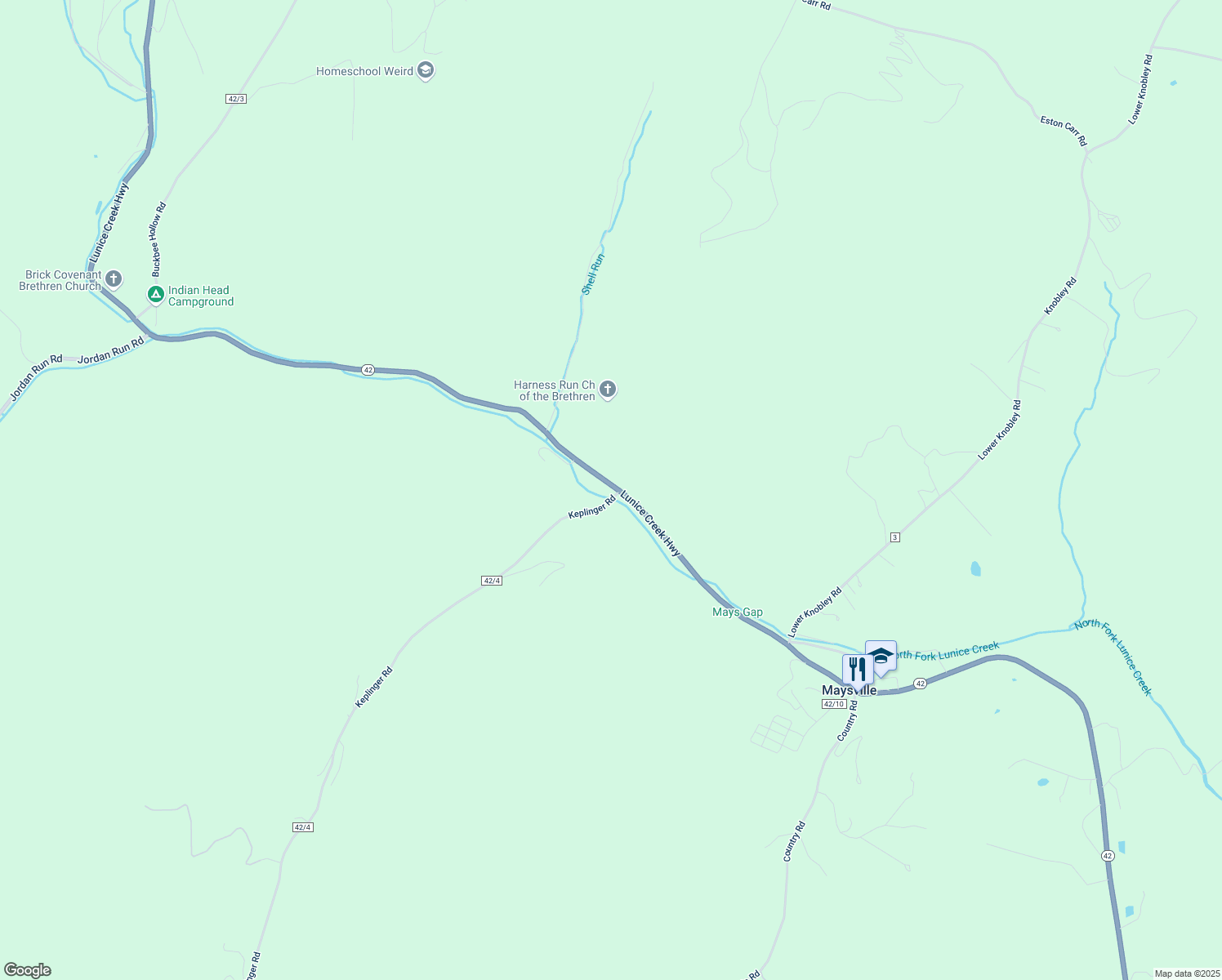map of restaurants, bars, coffee shops, grocery stores, and more near 11111 Lunice Creek Highway in Maysville