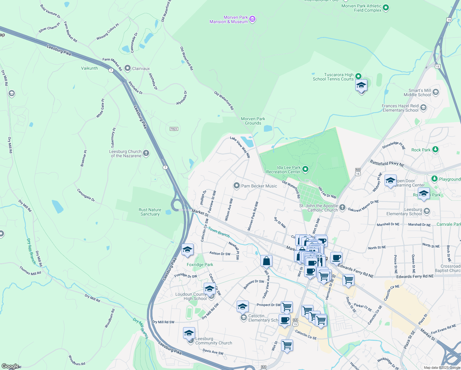 map of restaurants, bars, coffee shops, grocery stores, and more near 108 Exmoor Court Northwest in Leesburg