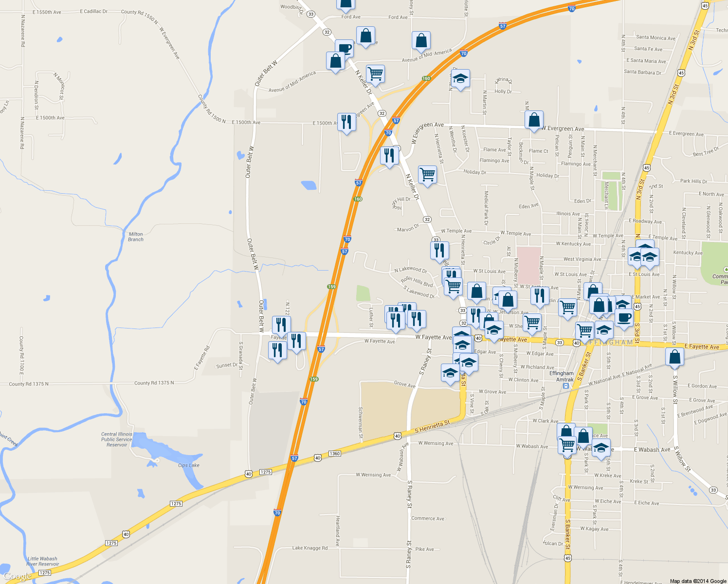 map of restaurants, bars, coffee shops, grocery stores, and more near 101 Luther Street in Effingham