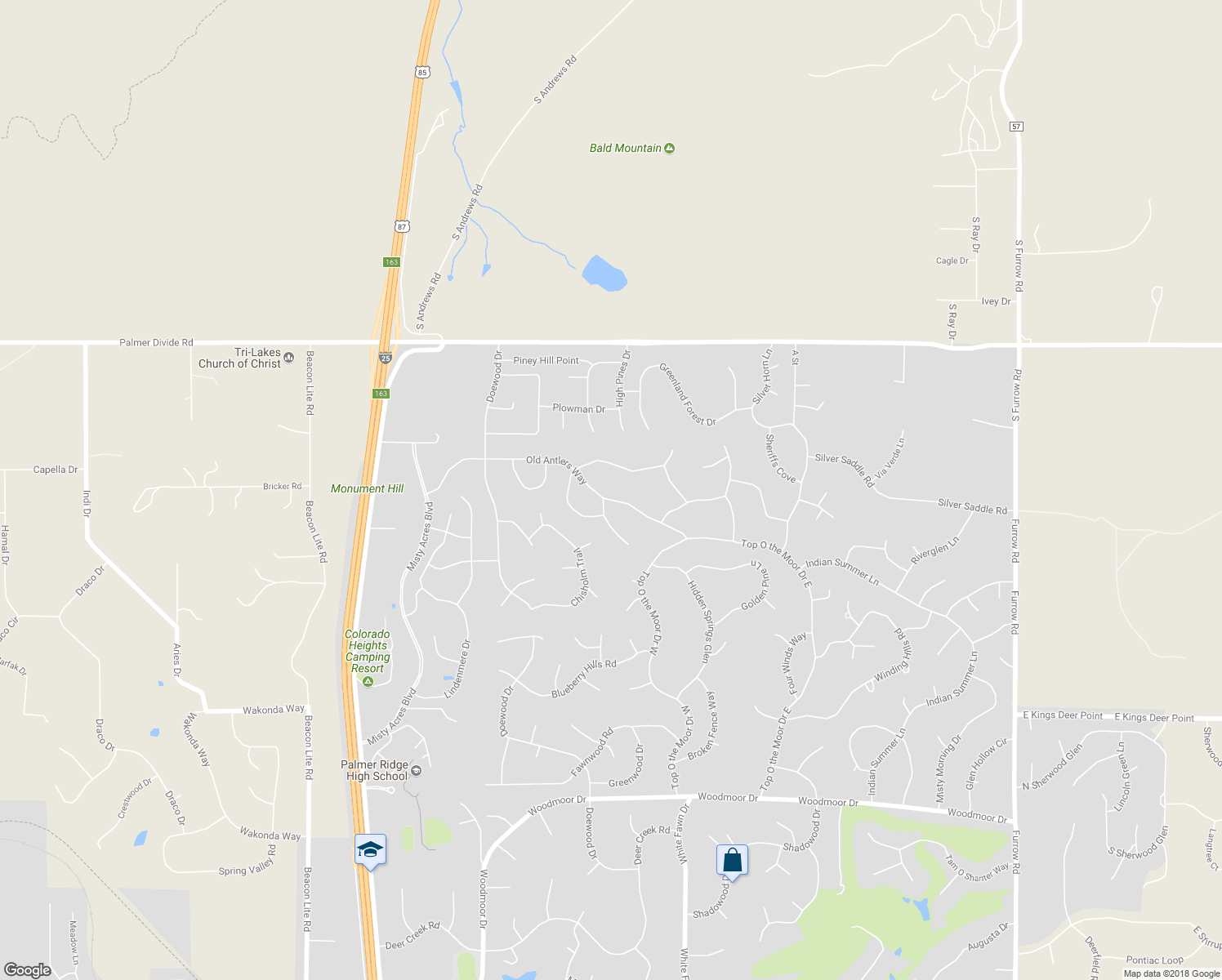 map of restaurants, bars, coffee shops, grocery stores, and more near 1340 Old Antlers Way in Monument