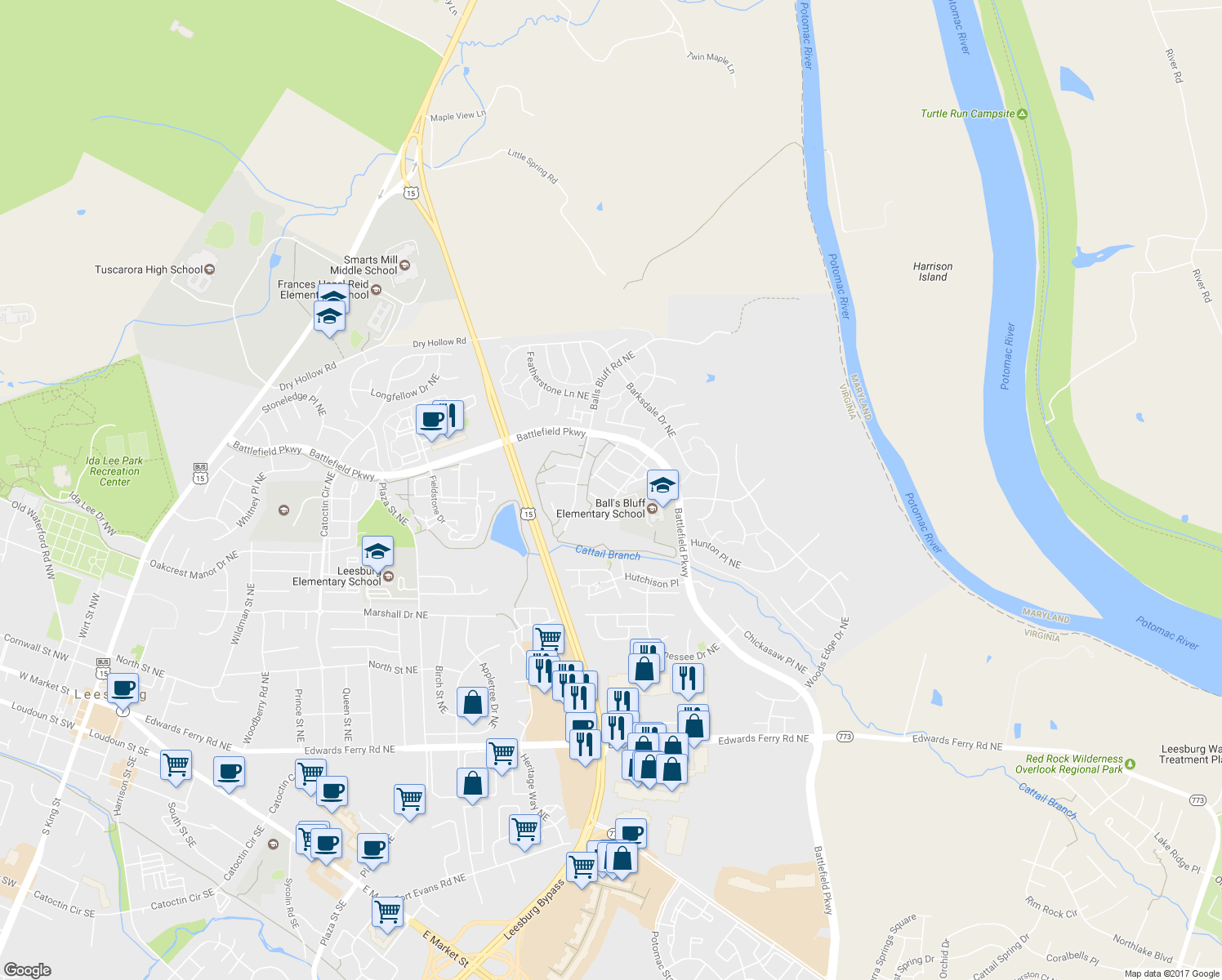 map of restaurants, bars, coffee shops, grocery stores, and more near 905 Smartts Lane Northeast in Leesburg