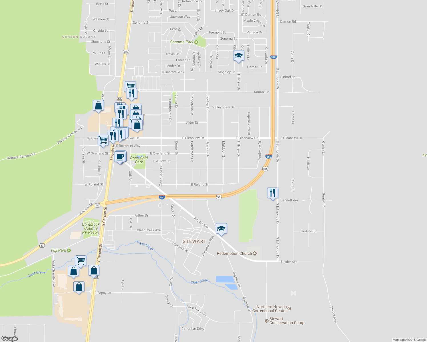 map of restaurants, bars, coffee shops, grocery stores, and more near 1123 East Appion Way in Carson City
