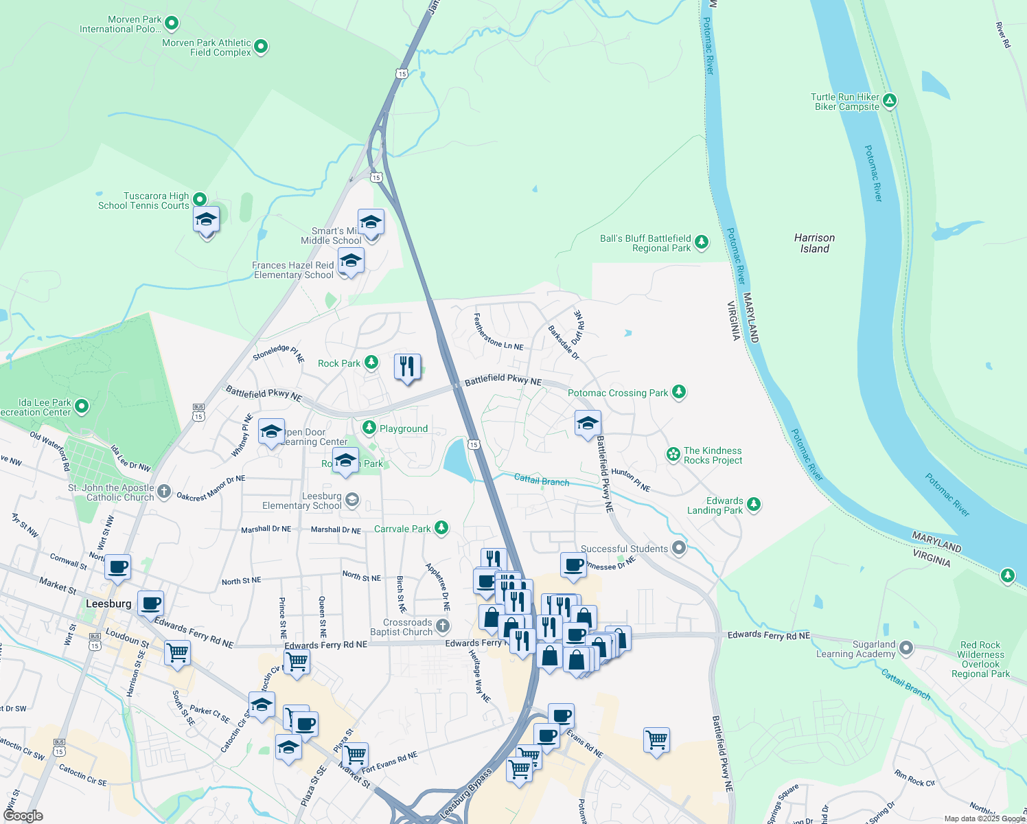 map of restaurants, bars, coffee shops, grocery stores, and more near 1201 Cannon Court Northeast in Leesburg
