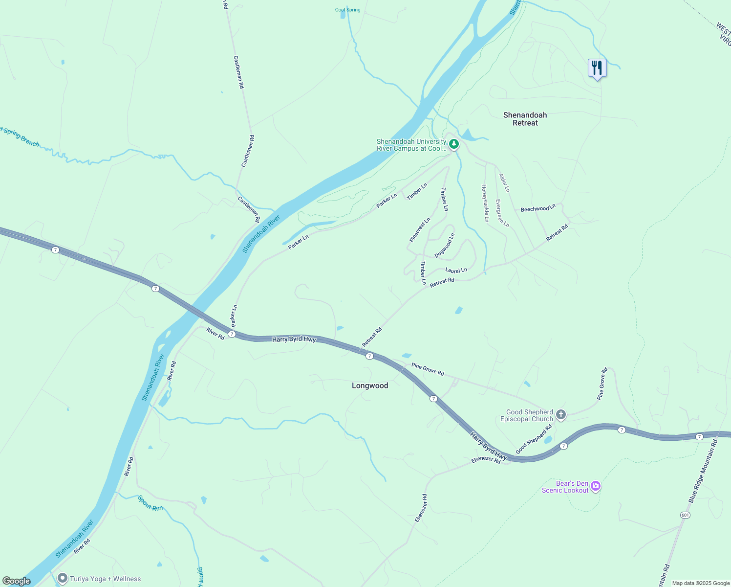 map of restaurants, bars, coffee shops, grocery stores, and more near 204 Bridge Lane in Bluemont