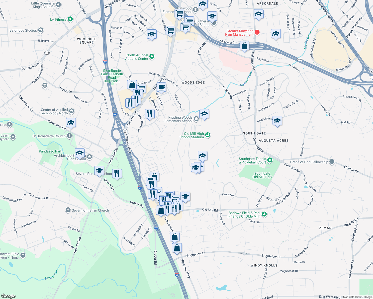 map of restaurants, bars, coffee shops, grocery stores, and more near 567 Nolview Court in Glen Burnie