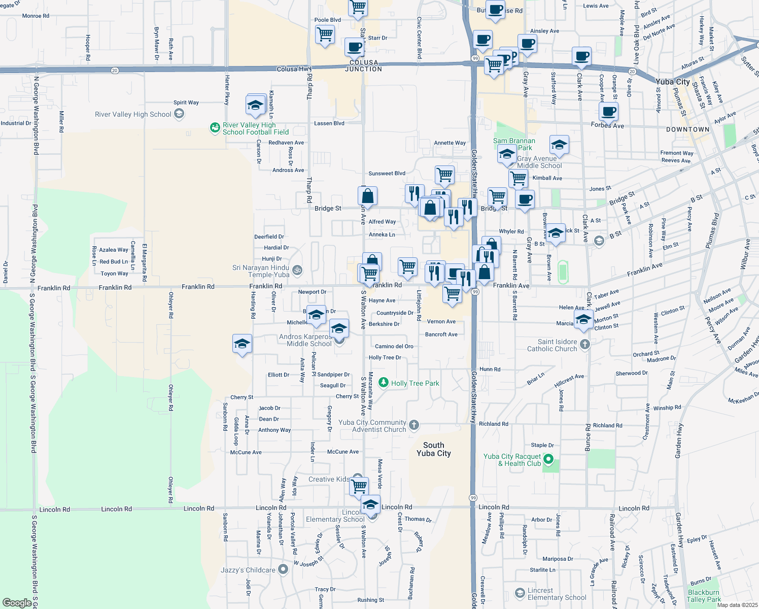 map of restaurants, bars, coffee shops, grocery stores, and more near 1530 Hayne Ave in Yuba City