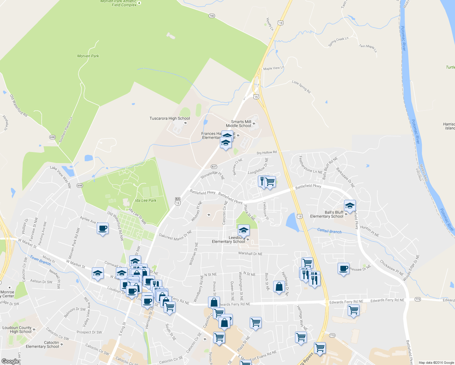 map of restaurants, bars, coffee shops, grocery stores, and more near 204 Grafton Way Northeast in Leesburg