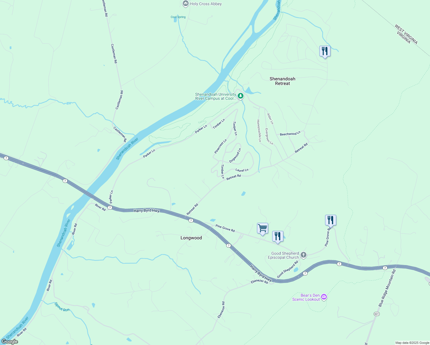 map of restaurants, bars, coffee shops, grocery stores, and more near 148 Laurel Lane in Bluemont