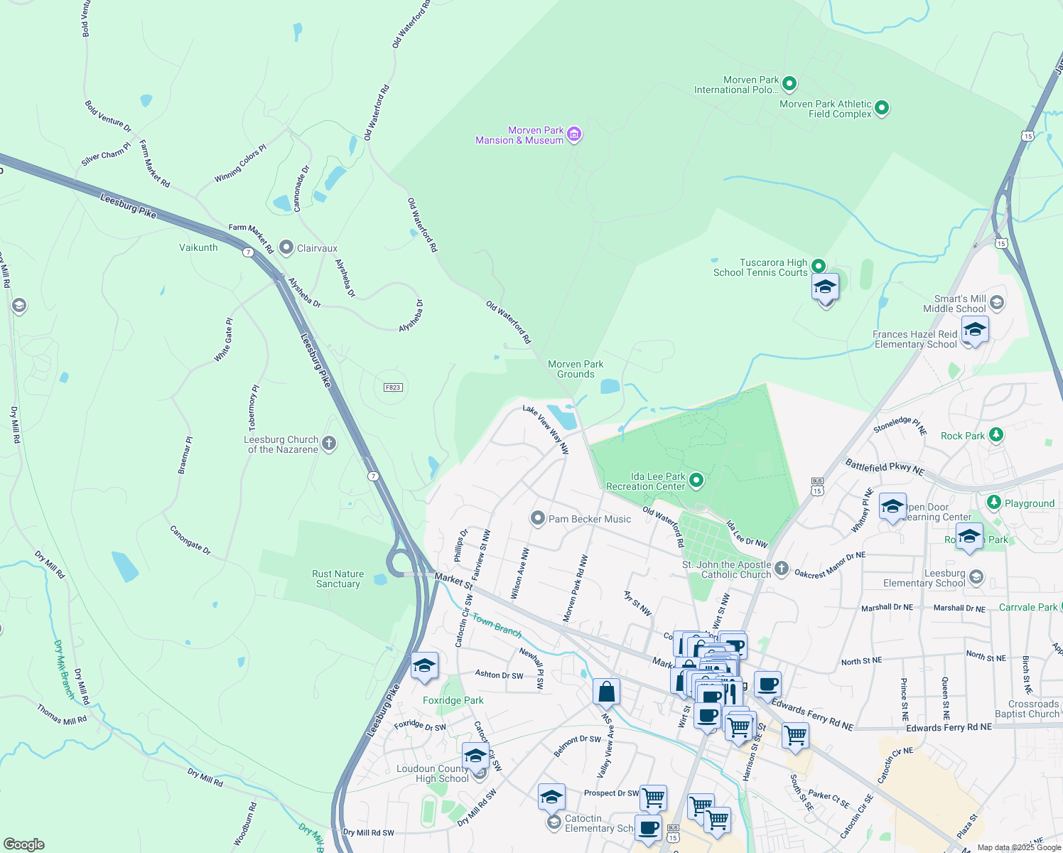 map of restaurants, bars, coffee shops, grocery stores, and more near 205 Paddock Court Northwest in Leesburg
