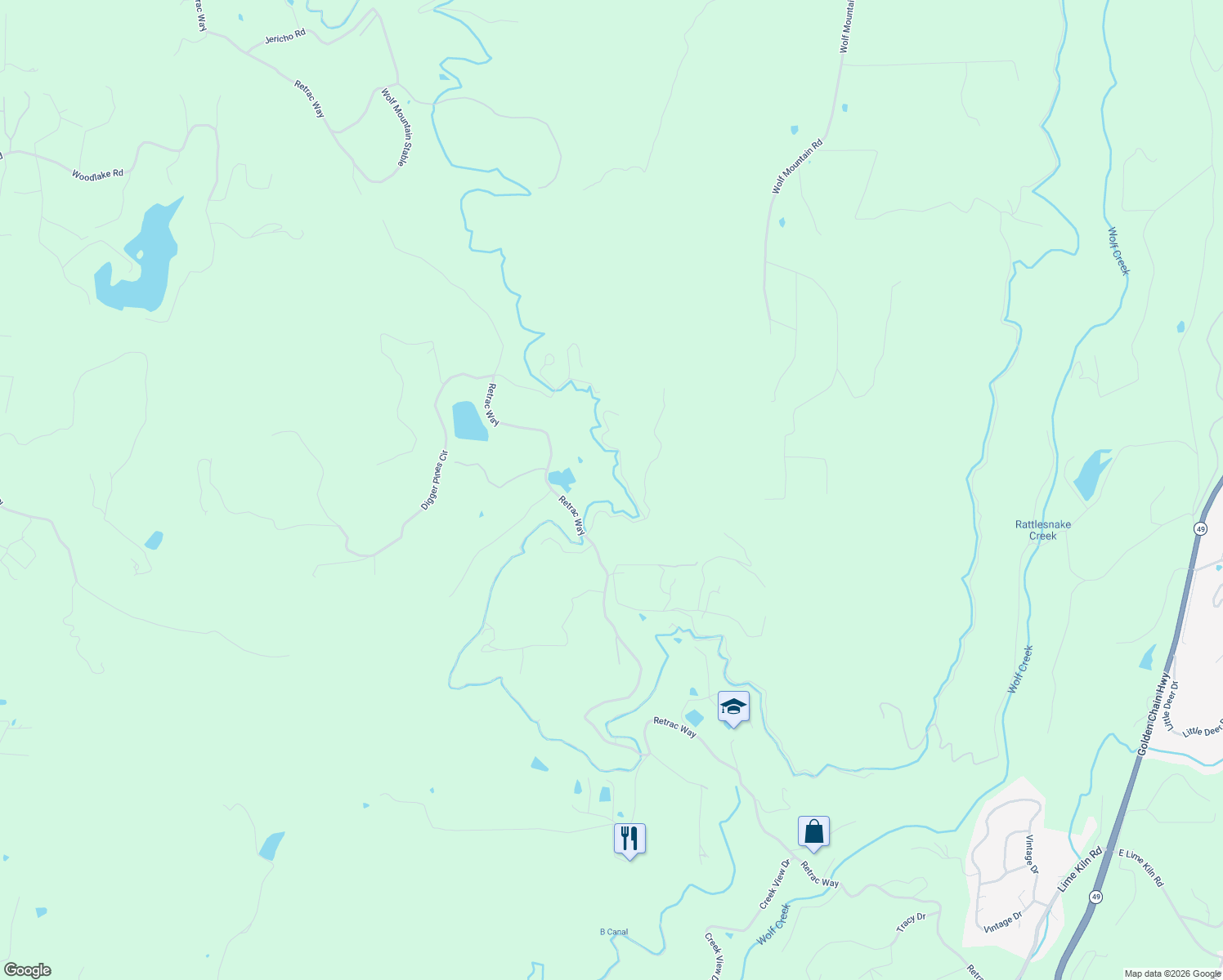 map of restaurants, bars, coffee shops, grocery stores, and more near 16098 Wild Oak Ranch Road in Grass Valley