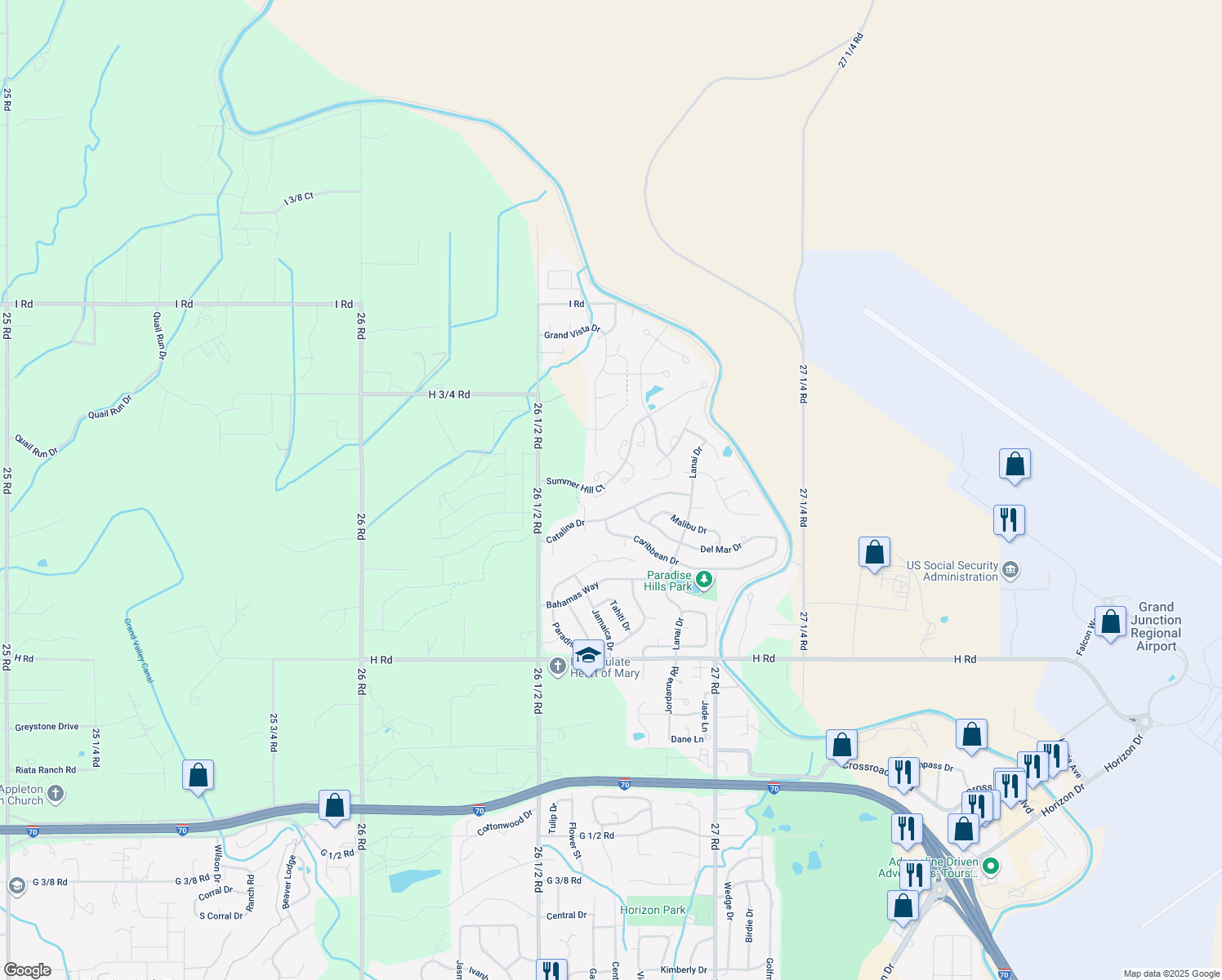 map of restaurants, bars, coffee shops, grocery stores, and more near 2659 Summer Vale Circle in Grand Junction