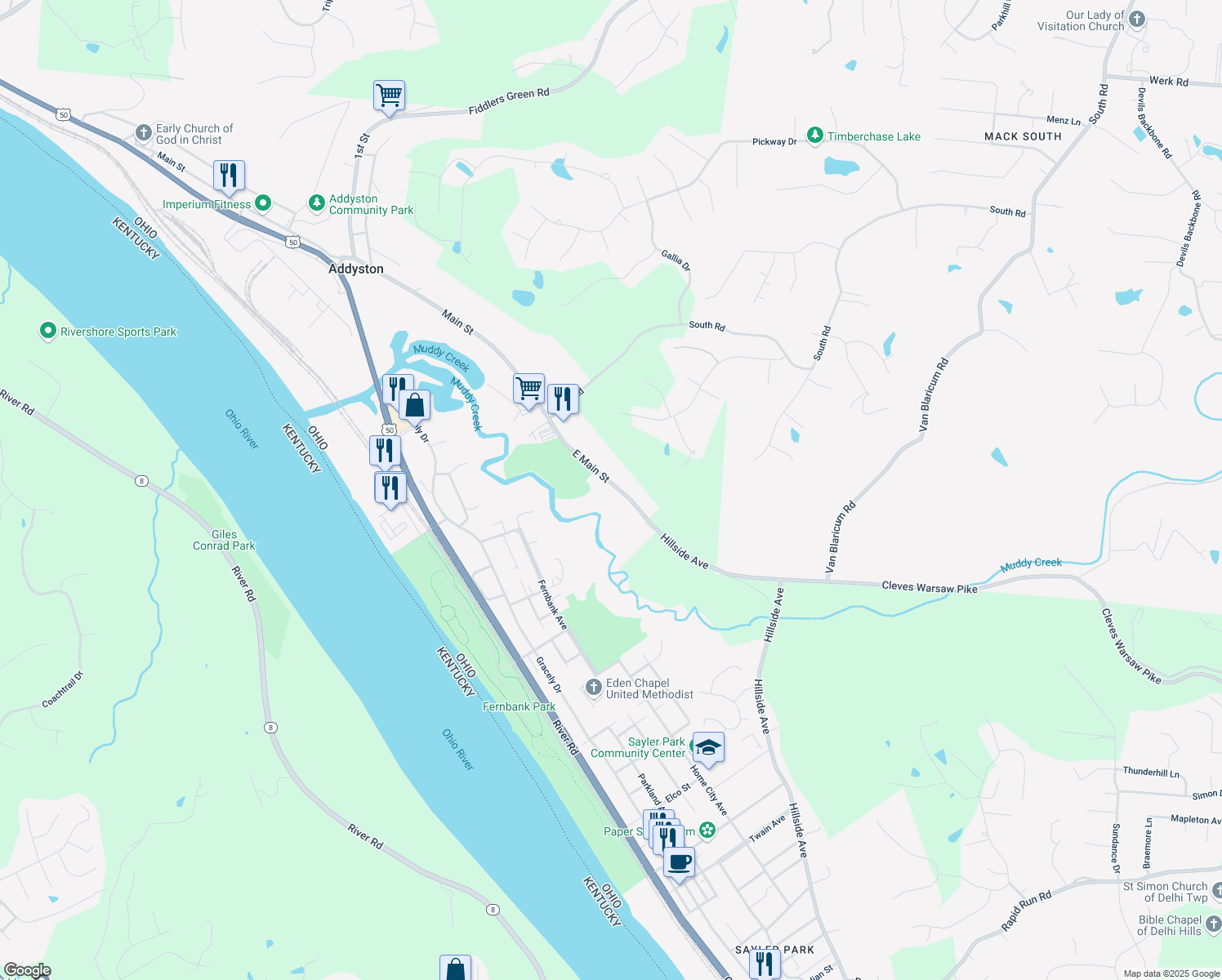 map of restaurants, bars, coffee shops, grocery stores, and more near 47 East Main Street in Addyston