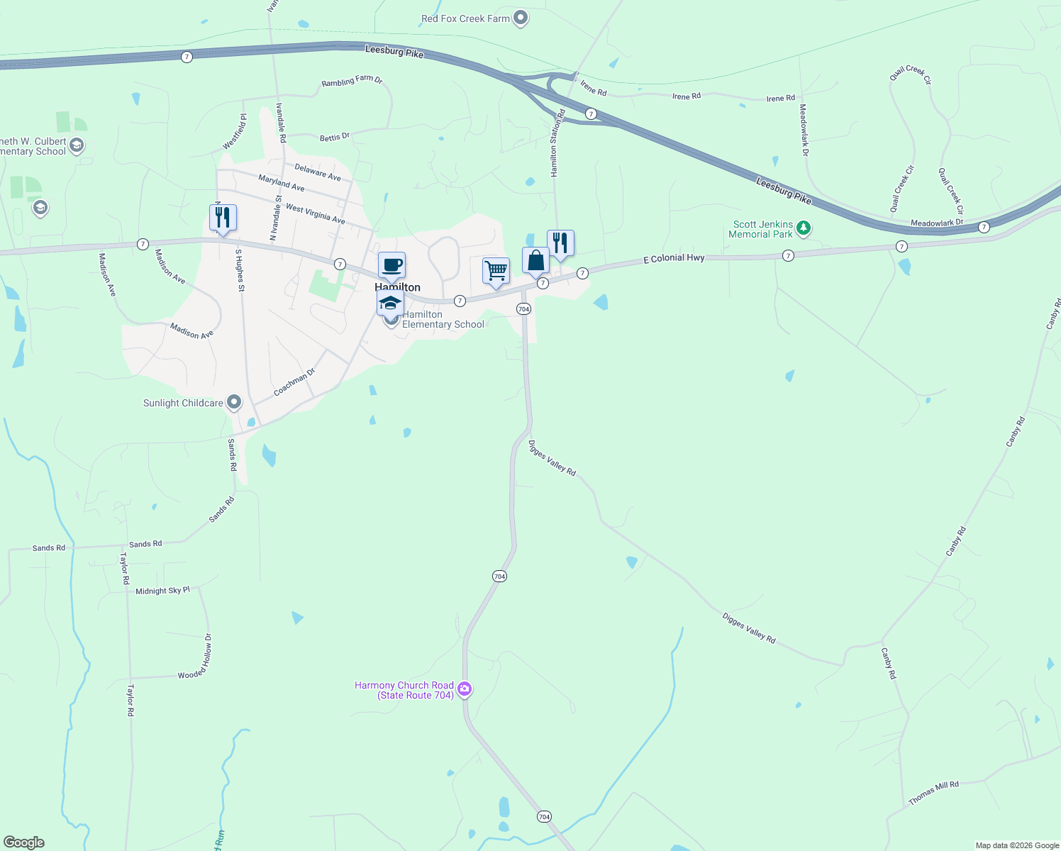 map of restaurants, bars, coffee shops, grocery stores, and more near 17679 Harmony Church Rd in Hamilton