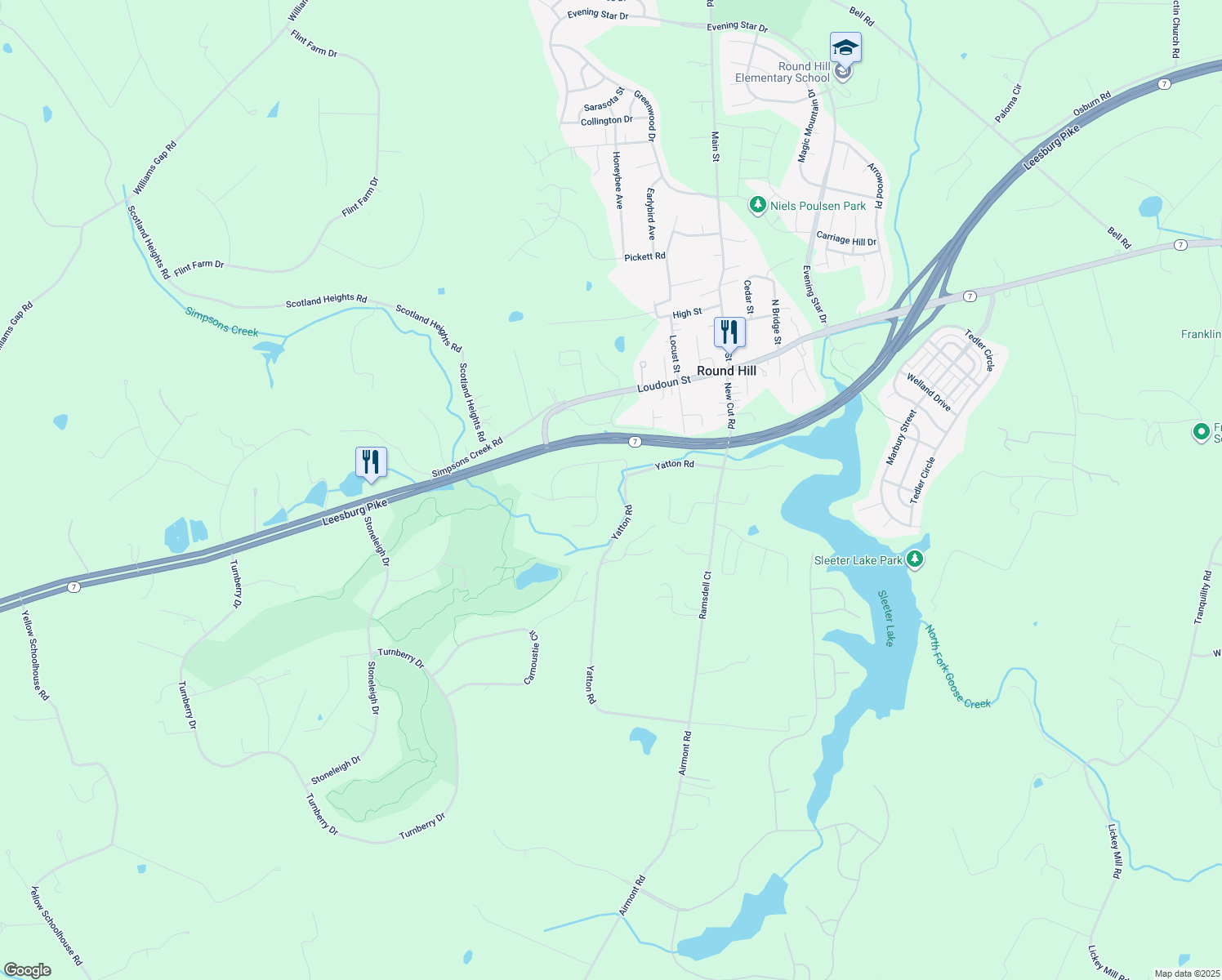 map of restaurants, bars, coffee shops, grocery stores, and more near 17704 Sweetgum Place in Round Hill