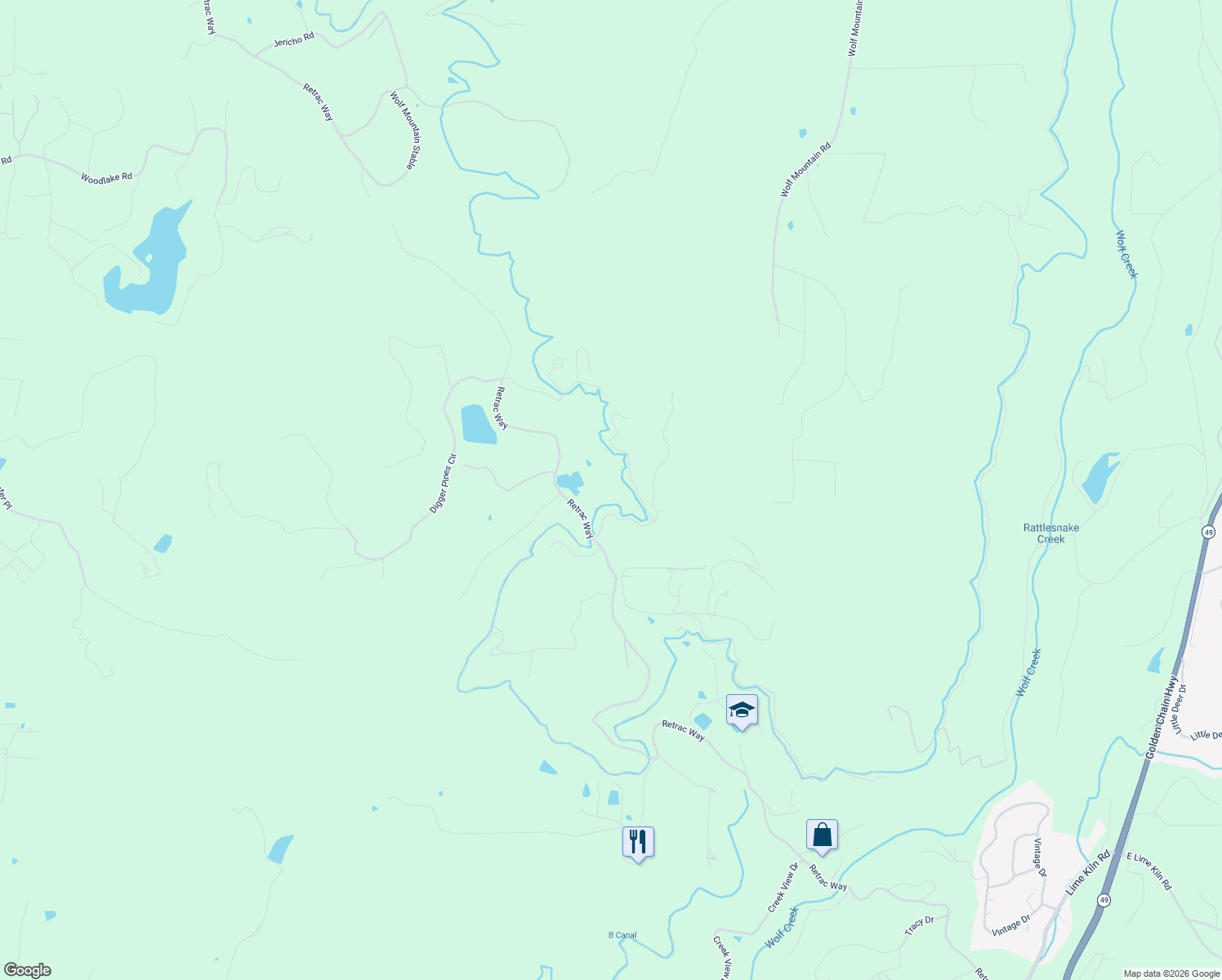 map of restaurants, bars, coffee shops, grocery stores, and more near 16098 Wild Oak Ranch Road in Grass Valley