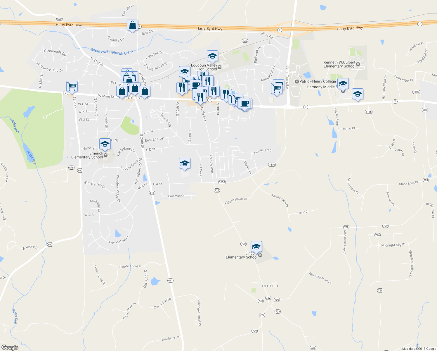 map of restaurants, bars, coffee shops, grocery stores, and more near 629 Greysands Lane in Purcellville