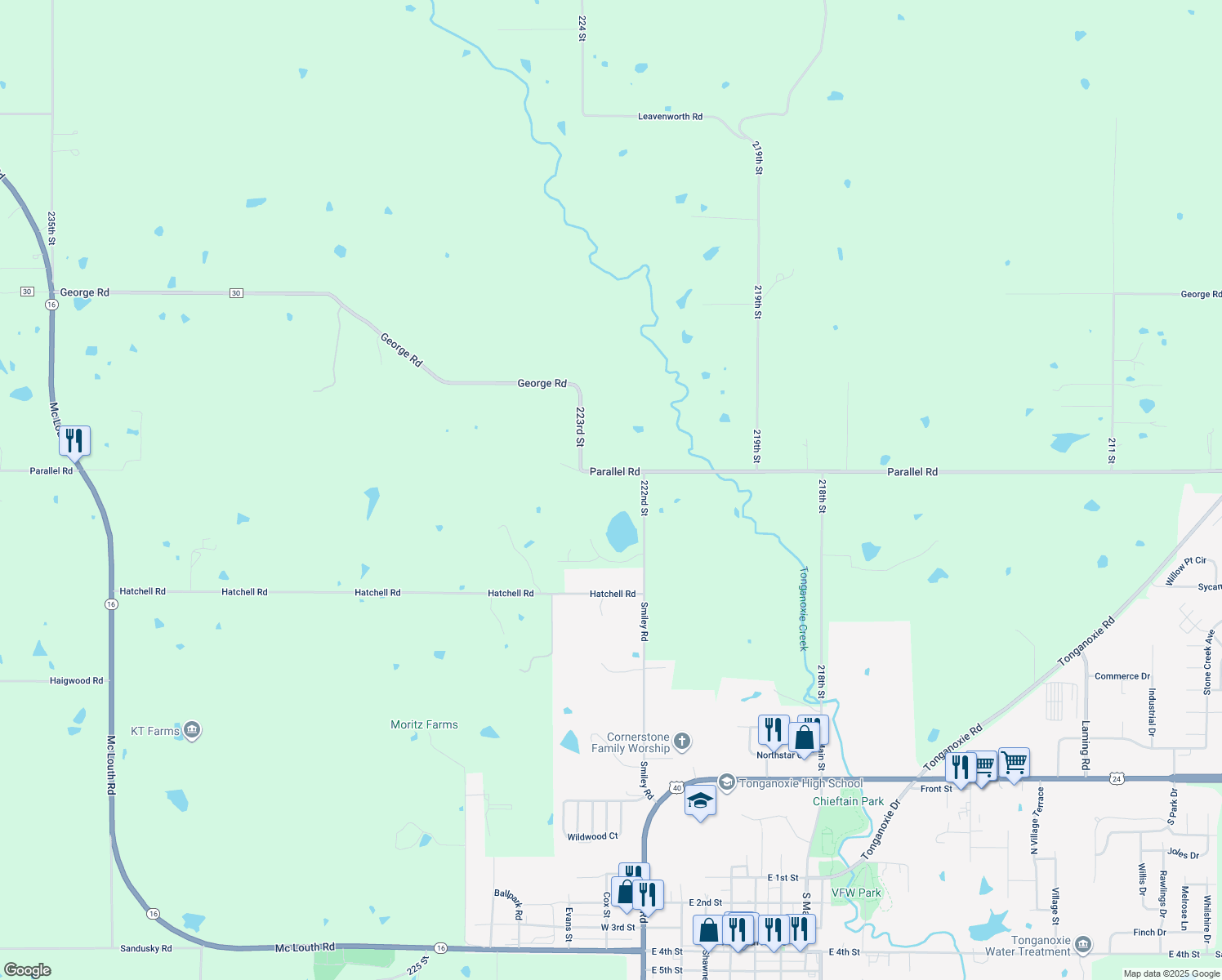 map of restaurants, bars, coffee shops, grocery stores, and more near 22301 Parallel Rd in Tonganoxie
